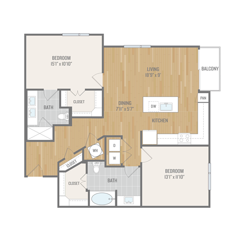 Floor plan for 2 beds, 2 baths, 1258 sqft